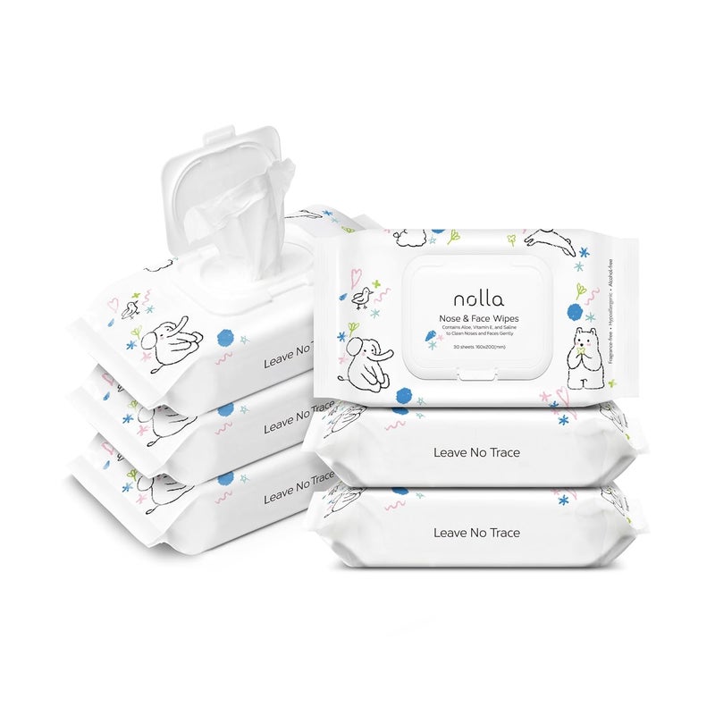 Nolla Nose and Face Wipes for Babies & Kids with Saline, Vitamin E, & Aloe | Unscented | Compostable, 180 Count (6 Packs of 30) - Image 1